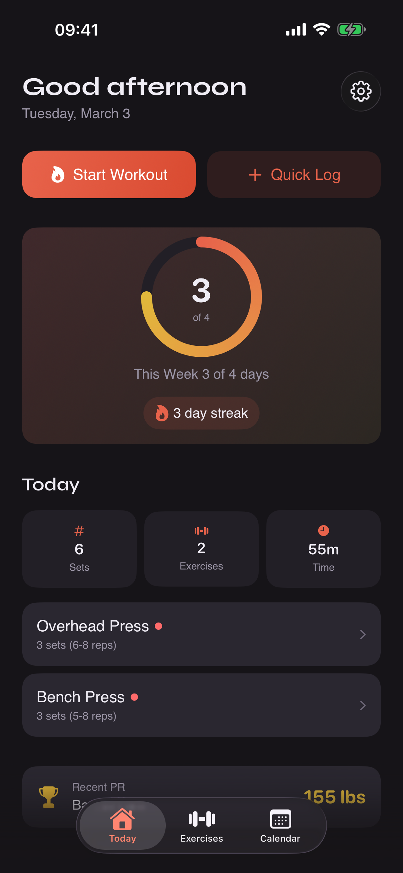Today view showing workout summary, weekly ring, and streak